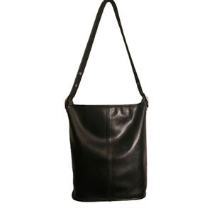 Leather Duffle Bucket Shoulder Bag Black Silver Hardware